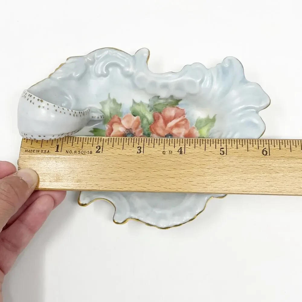 Vintage Pastel Blue Trinket Soap Jewelry Dish Red Poppies w Gold Trim 6 Inch MCM